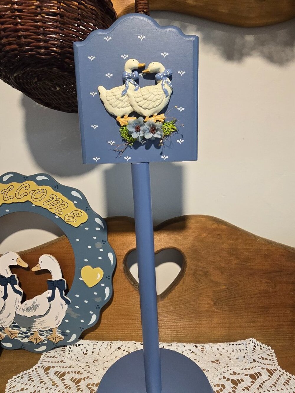 Vintage 1980s Country Goose Wooden Paper Towel Holder Blue
